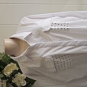 NY Collection Women's White Plus Size Collared Longsleeve Shirt 2X